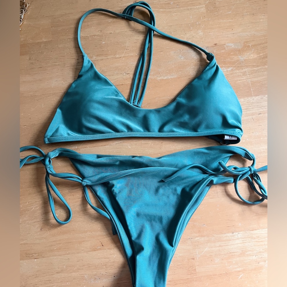 Green/blue bikini with tie bottoms